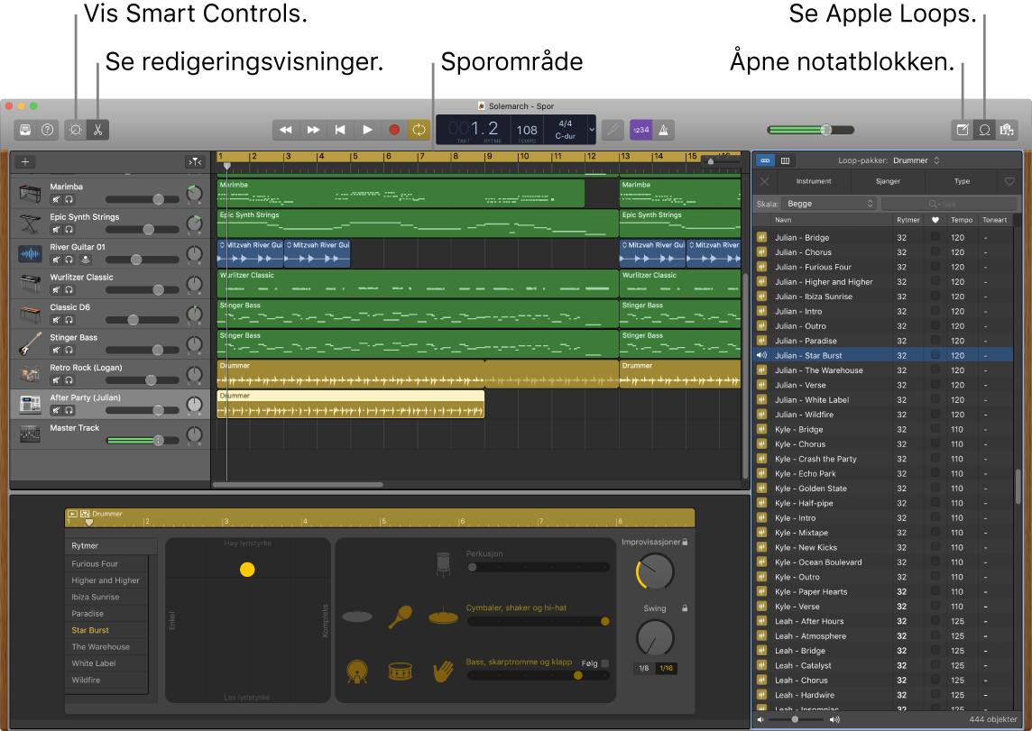 GarageBand-vindu som viser knappene for tilgang til Smart Controls, redigerere, notater og Apple Loops. Det viser også sporvisningen.