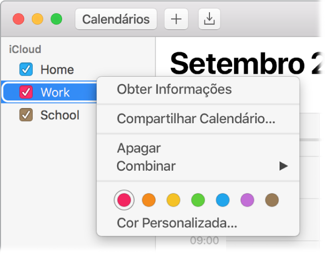 Menu de atalho do Calendário, com opções de cores para personalizar a cor de um calendário.