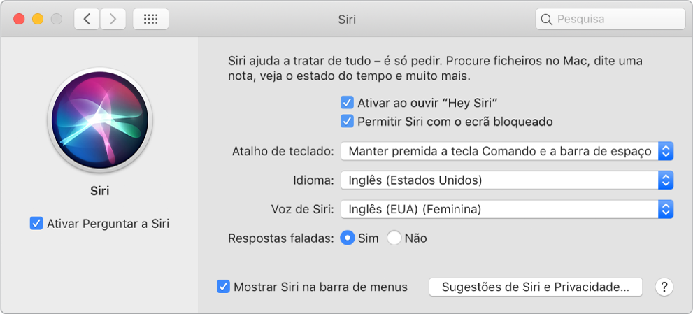 A janela de preferências de Siri com a opção “Ativar Perguntar a Siri’” assinalada à esquerda e várias opções para personalizar Siri à direita, incluindo “Ativar através de Hey Siri”.