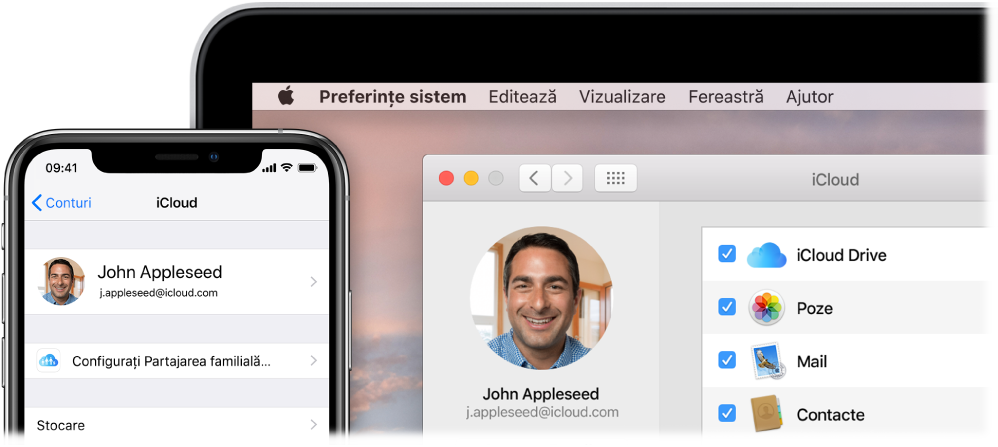 Un iPhone care afișează configurările pentru iCloud și un ecran Mac care afișează fereastra iCloud.