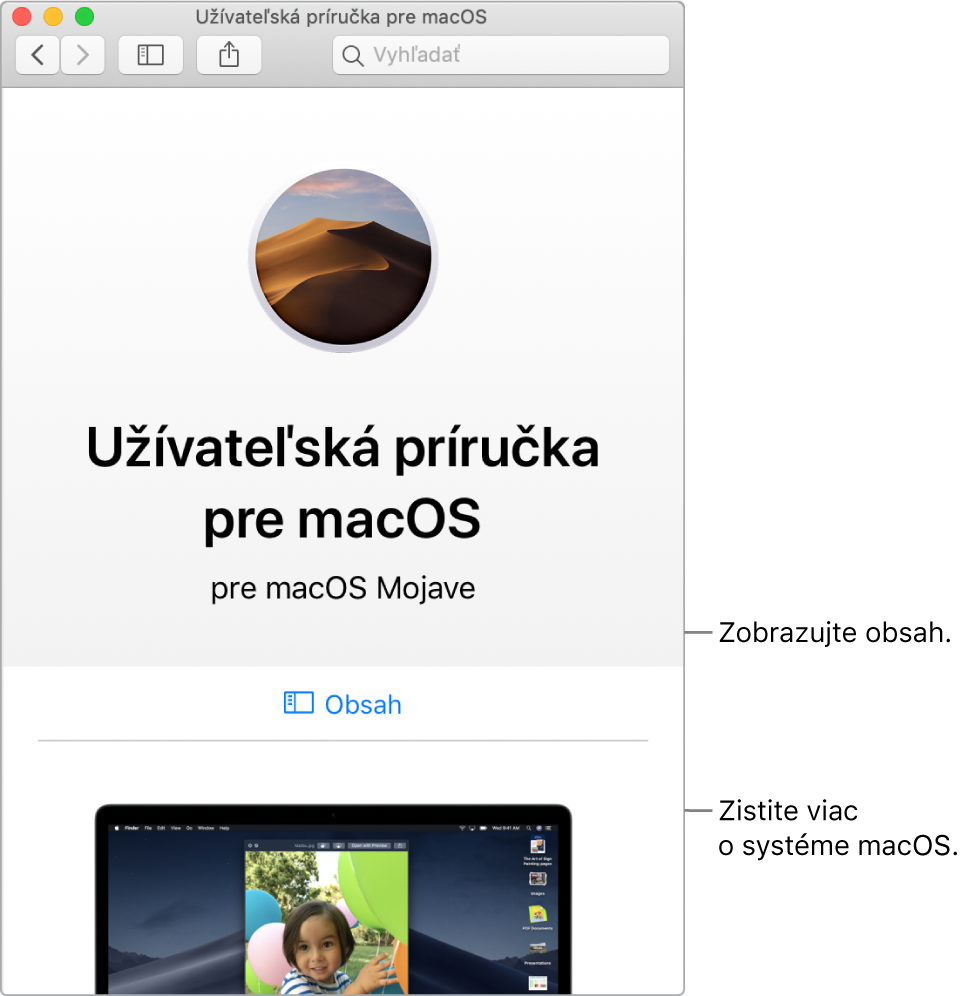 Úvodná obrazovka Príručky užívateľa pre macOS zobrazujúca odkaz na obsah.