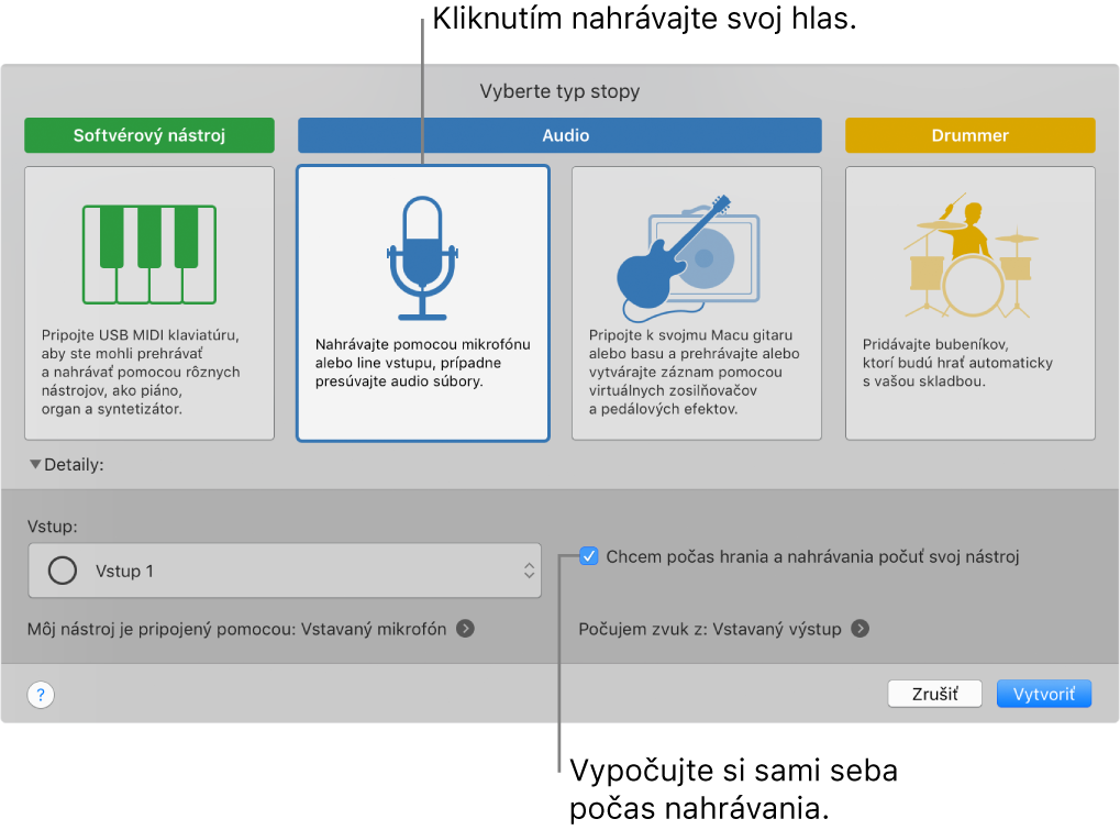 Panel nástrojov aplikácie GarageBand so znázornenou položkou, na ktorú treba kliknúť, ak chcete nahrávať hlas, a ako počuť seba samého počas nahrávania.