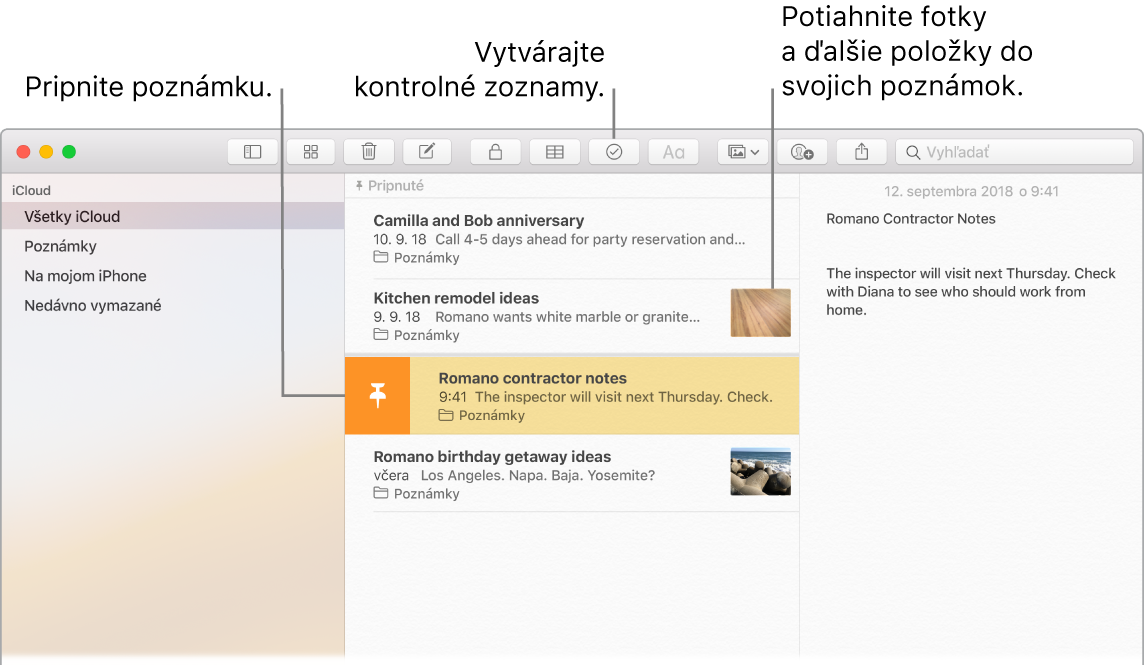 Okno aplikácie Poznámky znázorňujúce tlačidlo Kontrolný zoznam a spôsob, ako potiahnuť fotky do poznámky.