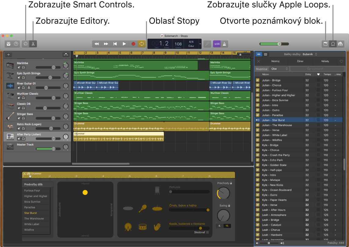 Okno aplikácie GarageBand znázorňujúce tlačidlá na prístup k dynamickému ovládaniu, editorom, poznámkam a súborom Apple Loops. Znázornené je tiež zobrazenie stôp.