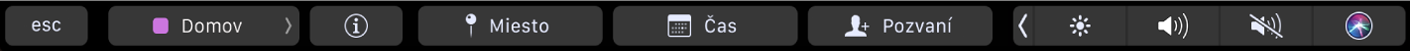 Touch Bar pre Kalendár s tlačidlami na výber kalendárov, zobrazenie podrobností udalosti, úpravu miesta, úpravu času a pridávanie pozvaných hostí.