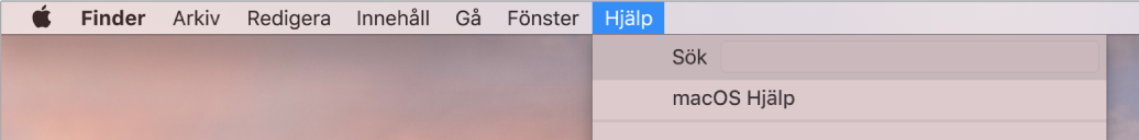 En del av skrivbordet med Hjälp-menyn öppen som visar menyalternativen Sök och macOS Hjälp.