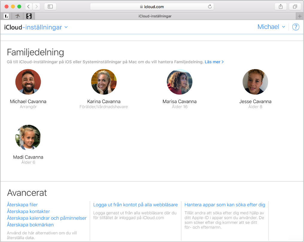 Safari-fönster som visar inställningarna för Familjedelning på iCloud.com.