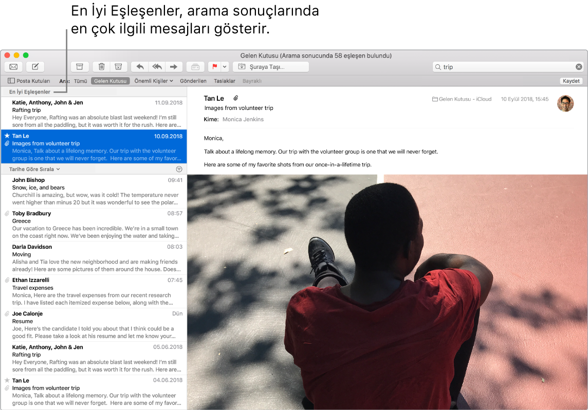 Listenin başında en iyi eşleşenleri ve altında diğer sonuçları gösteren Mail penceresi.