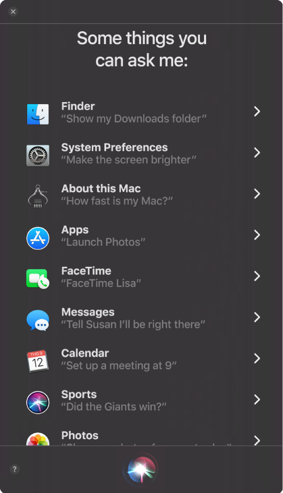 Một cửa sổ Siri với đề mục “Some things you can ask me” và các truy vấn Siri mẫu, chẳng hạn như và “Did the Giants win?”