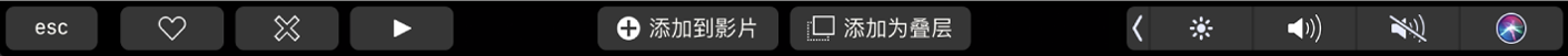 iMovie 剪辑触控栏，显示个人收藏、删除、播放、添加到影片和添加为叠层的按钮。