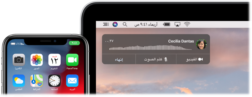 شاشة Mac تعرض نافذة إشعار المكالمة في الزاوية العلوية اليسرى، وiPhone يعرض أن مكالمة ما قيد التقدم من خلال الـ Mac.