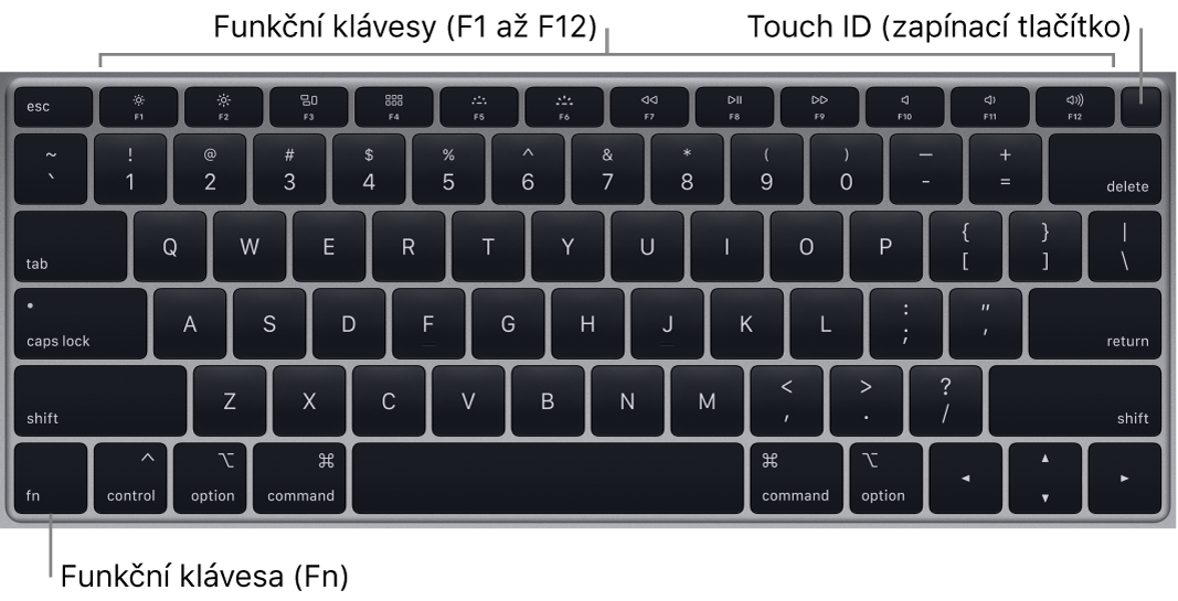 Klávesnice MacBooku Air s řadou funkčních kláves a zapínacím tlačítkem s Touch ID podél horního okraje a funkční klávesou (Fn) v levém dolním rohu