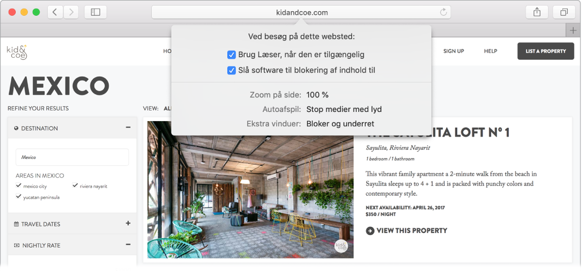 Safari-vindue, der viser webstedsindstillinger, inkl. Brug Læser, når den er tilgængelig, Slå software til blokering af indhold til, Zoom på side, Autoafspil, Kamera, Mikrofon og Lokalitet.