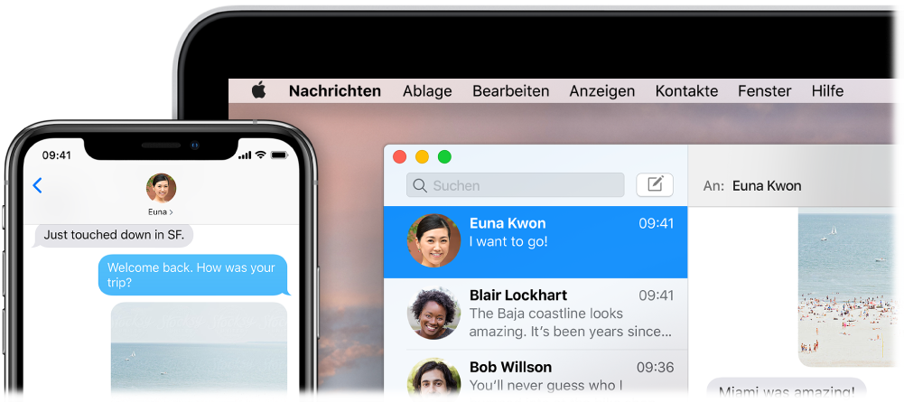 Die auf einem Mac geöffnete App „Nachrichten“ mit derselben Konversation in der App „Nachrichten“ auf einem iPhone