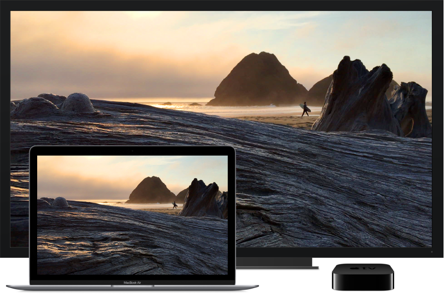 A MacBook Air with its content mirrored on a large HDTV using an Apple TV.