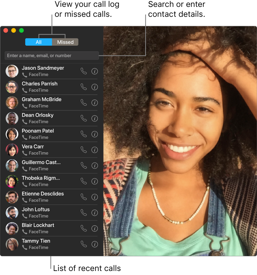 FaceTime window showing how to make a video or audio call, use the search field to enter or search for contact details, and view the list of recent calls.