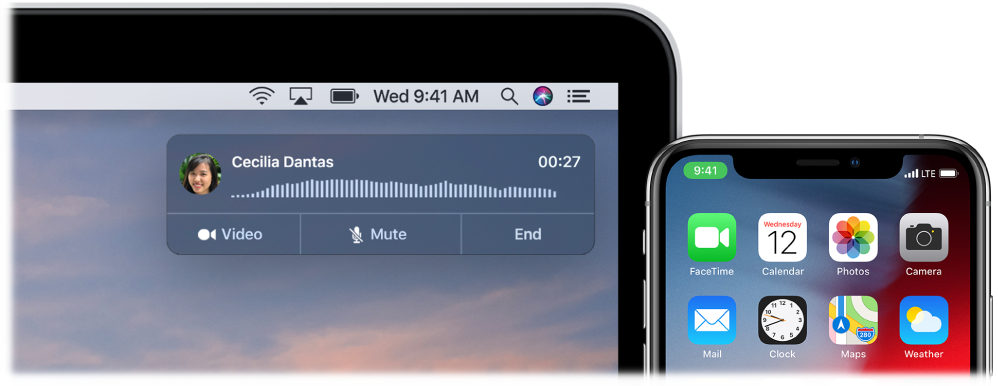 Mac screen showing the call notification window in the top-right corner, and an iPhone showing that a call is in progress through the Mac.