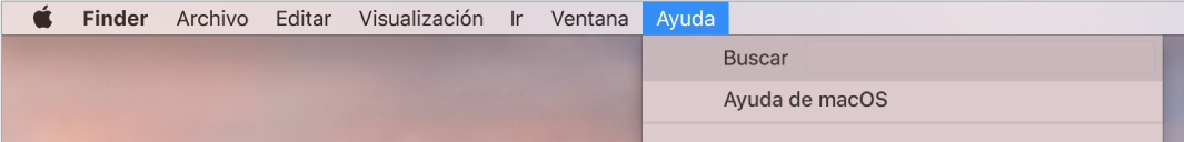 Parte de un escritorio con el menú Ayuda abierto, mostrando las opciones del menú Buscar y Ayuda de macOS.
