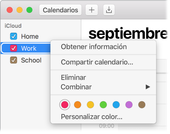 Menú de función rápida de Calendario con opciones para personalizar el color de un calendario.