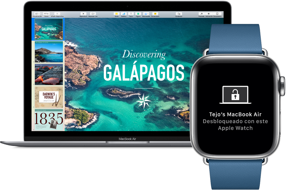 Un Apple Watch con una MacBook Air mostrando un mensaje indicando que la Mac se desbloqueó con el Apple Watch.
