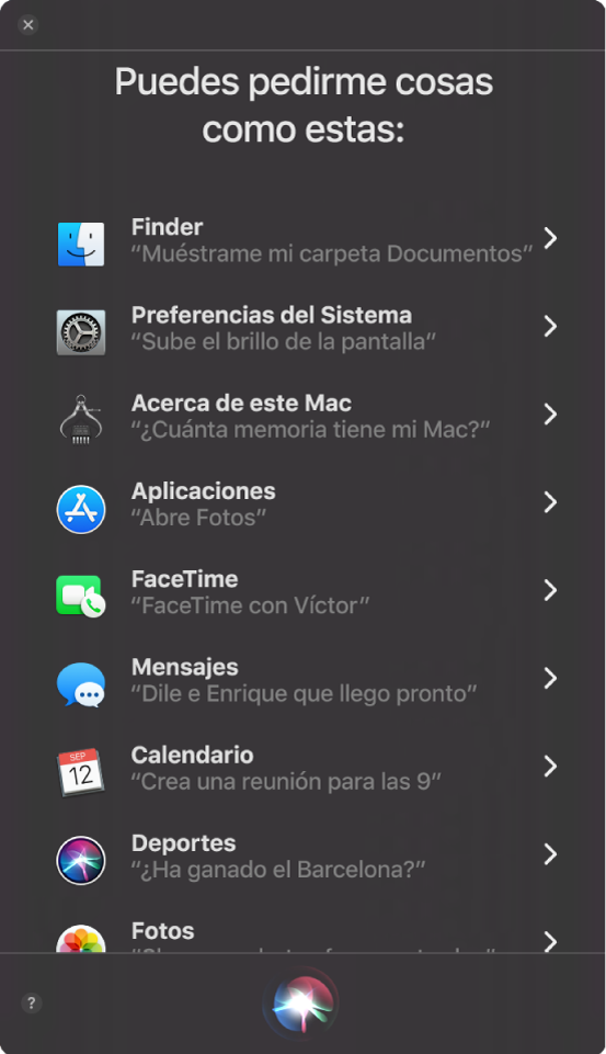 Una ventana de Siri con el encabezamiento “Puedes pedirme cosas como estas” y ejemplos de consultas a Siri, como “¿Ha ganado el Barcelona?”.