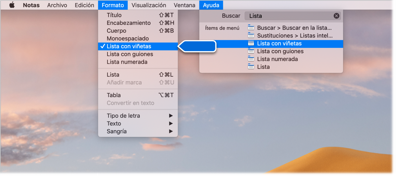 Menú de Ayuda en el que se muestra una búsqueda de “lista” y el comando “Lista con viñetas” resaltado en la lista de resultados y en el menú Formato.