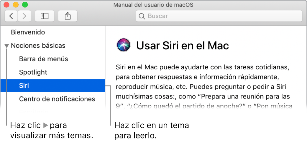 Visor de Ayuda donde se muestra cómo ver los temas enumerados en la barra lateral y cómo mostrar el contenido de un tema.