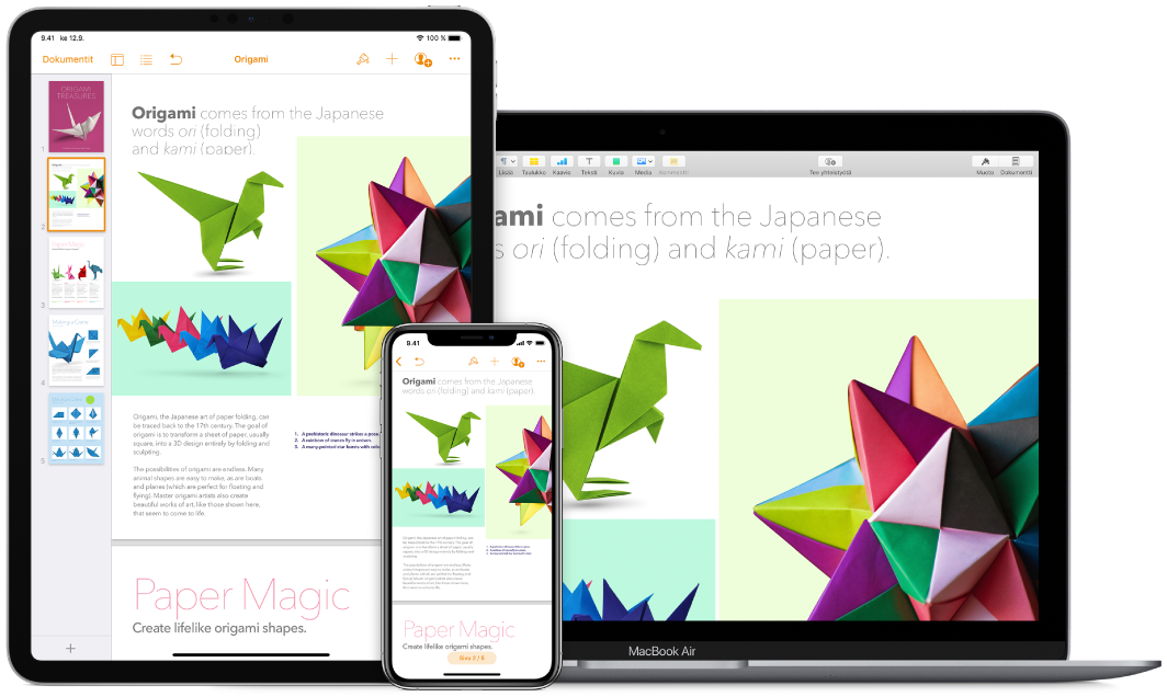 Identtinen sisältö näkyvissä MacBook Airissa, iPadissa ja iPhonessa.