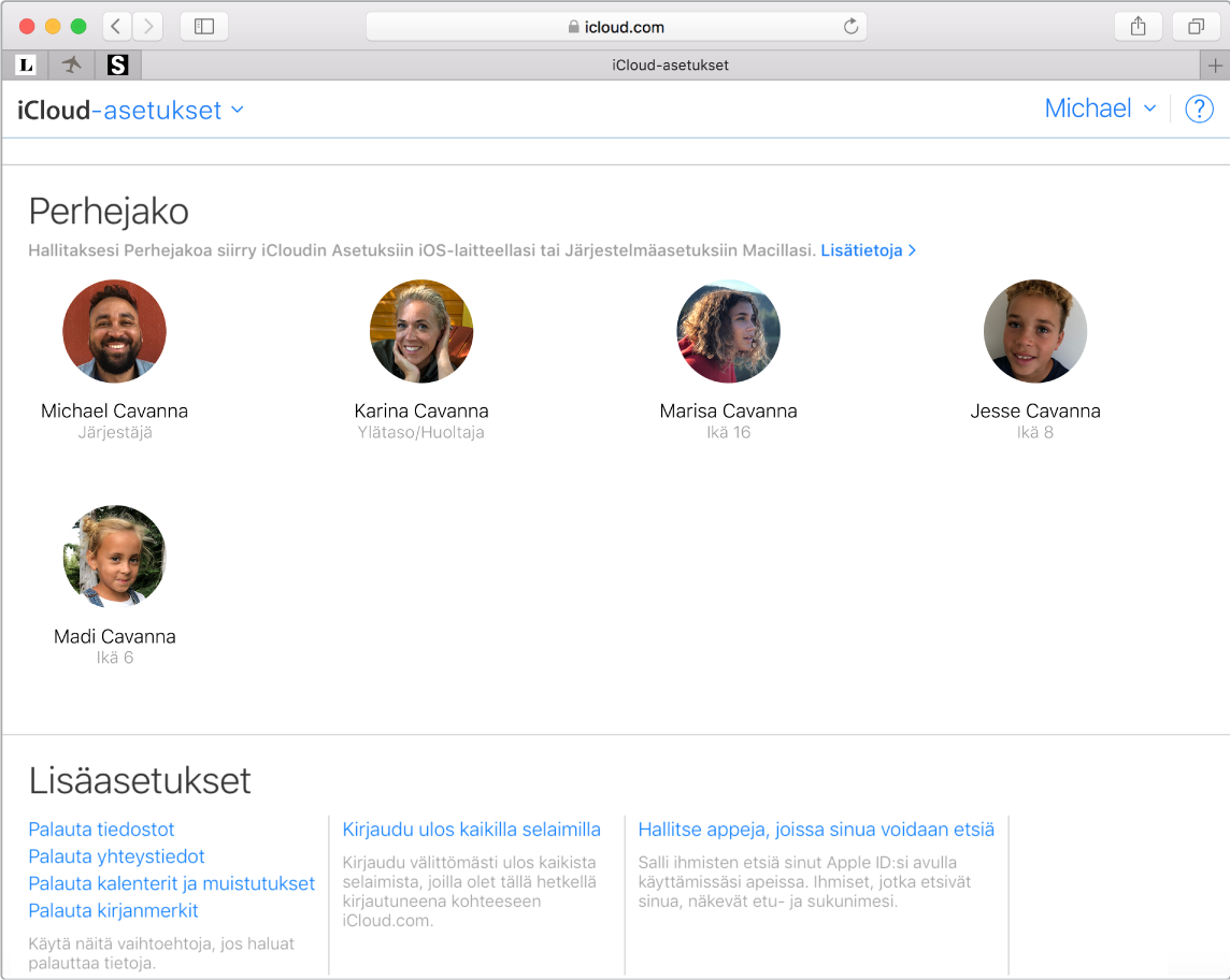 Safari-ikkuna, jossa näkyy Perhejaon asetukset iCloud.comissa.