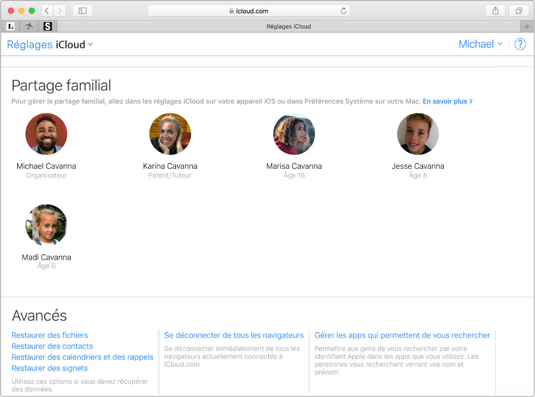 Fenêtre Safari présentant les réglages du Partage familial sur iCloud.com.