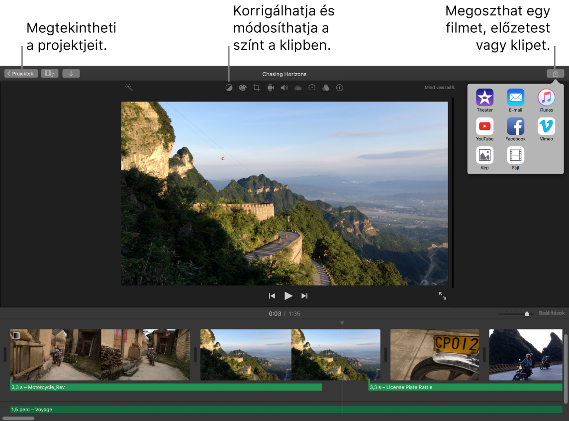 Gombok az iMovie ablakában, amelyekkel megtekintheti a projektjeit, korrigálhatja és beállíthatja a színeket, illetve megoszthatja a filmjét, előzetesét vagy filmklipjét.