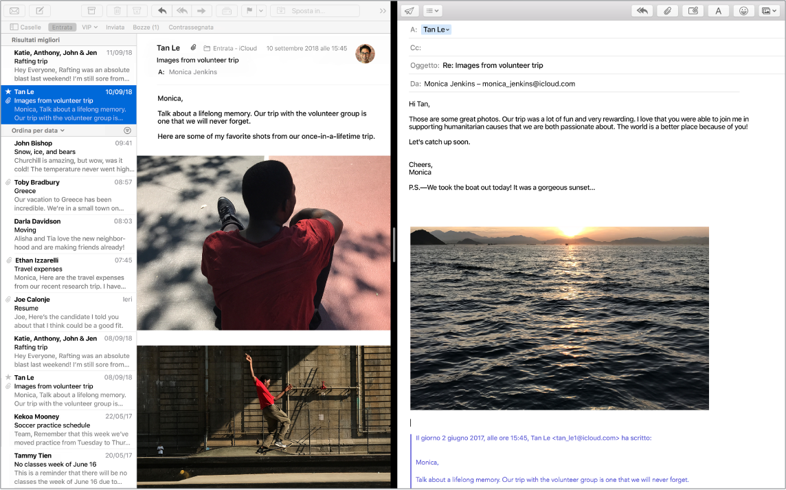 Finestra di Mail con lo schermo suddiviso che mostra due messaggi uno accanto all’altro.