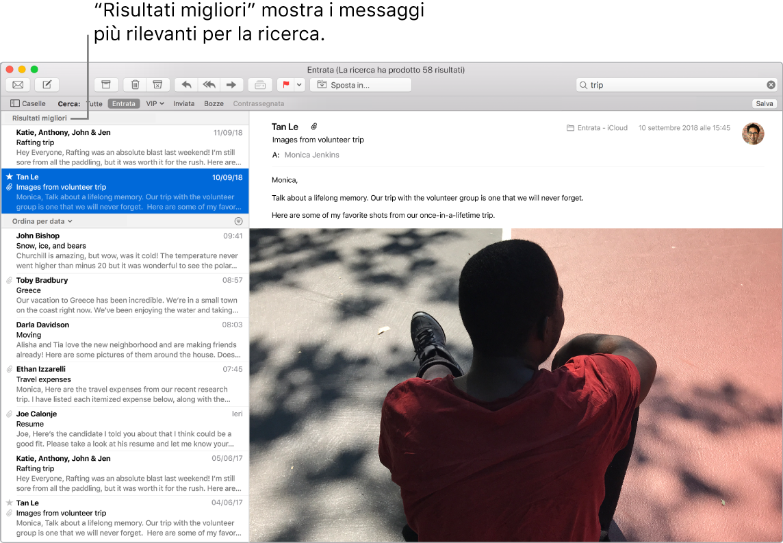 Finestra di Mail che mostra i risultati migliori in cima all’elenco, seguiti dagli altri risultati.