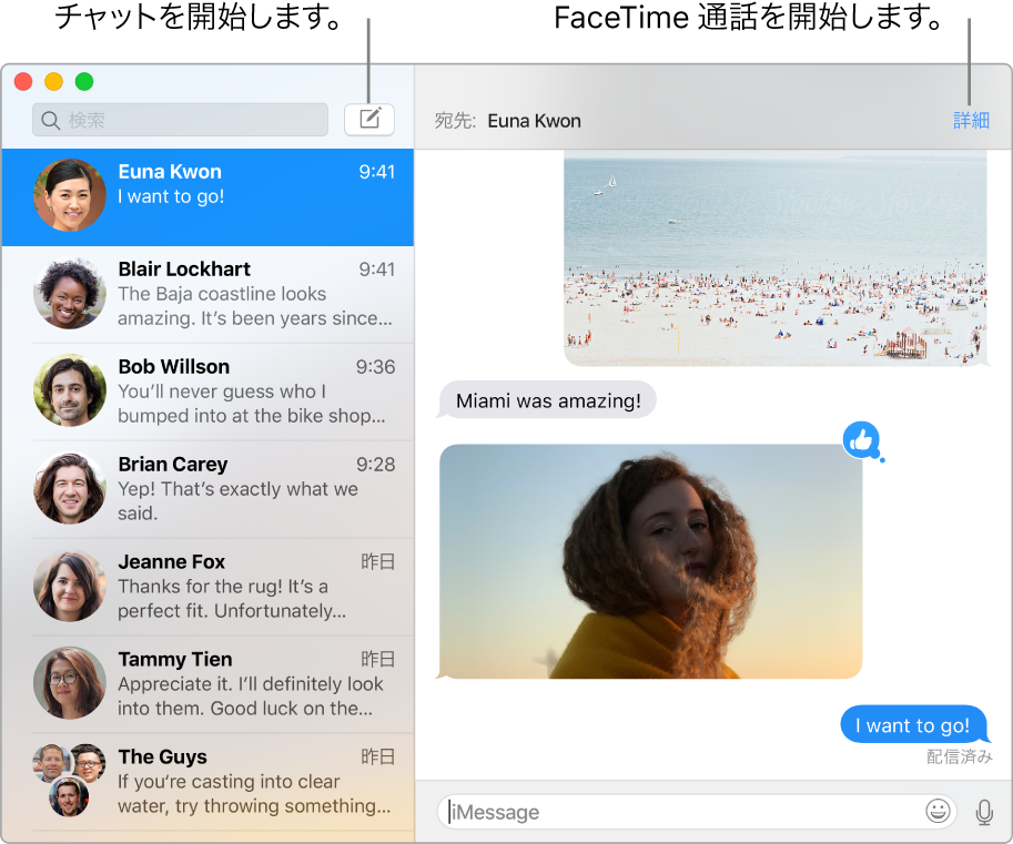 メッセージウインドウ。チャットの開始方法とFaceTime通話の開始方法を示しています。