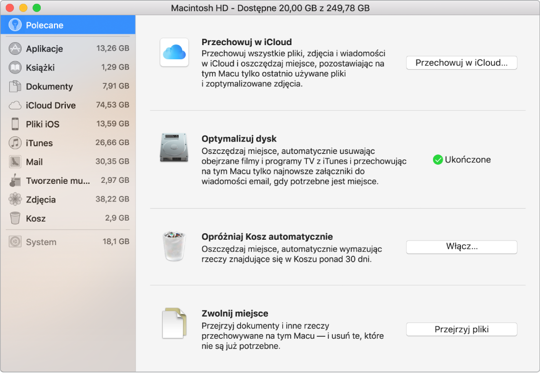 Polecane preferencje zarządzania pamięcią masową, wyświetlające opcje Przechowuj w iCloud, Optymalizuj dysk, Opróżniaj Kosz automatycznie oraz Zwolnij miejsce.
