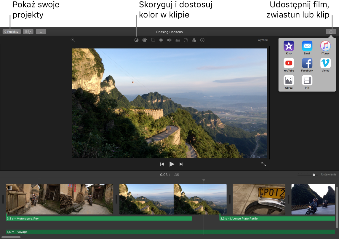 Okno iMovie przedstawiające przyciski do wyświetlania projektów, poprawiania i dostosowywania koloru oraz udostępniania filmu, zwiastuna lub klipu filmowego.