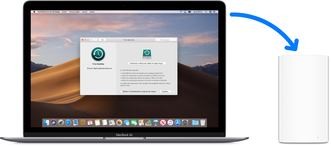 O ecrã do MacBook Air com a janela de cópia de segurança do Time Machine visível. O MacBook Air está ligado sem fios a um AirPort Time Capsule.