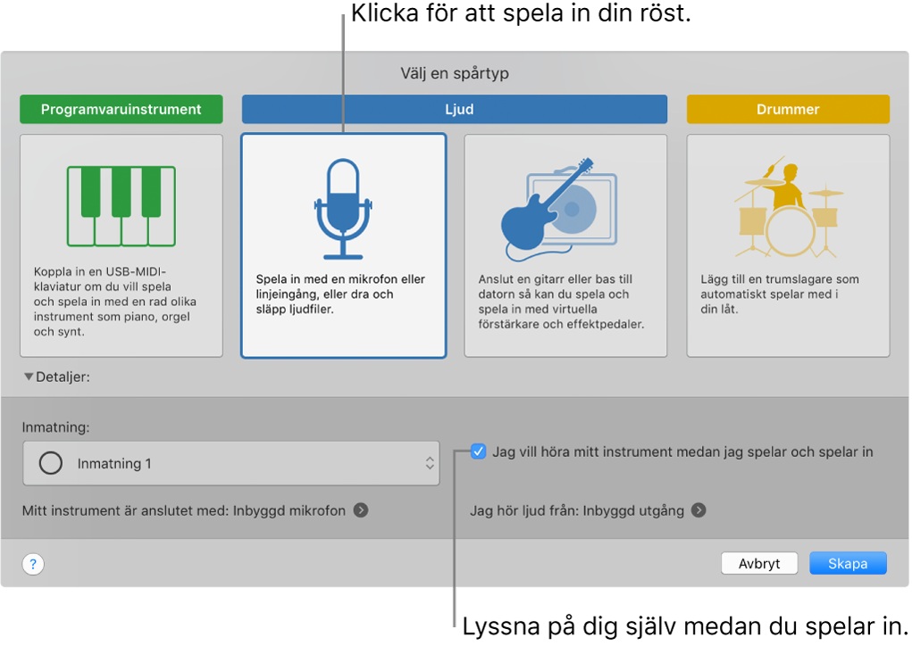 Instrumentpanel i GarageBand som visar var du ska klicka när du vill spela in en röst och hur du hör dig själv medan du spelar in.