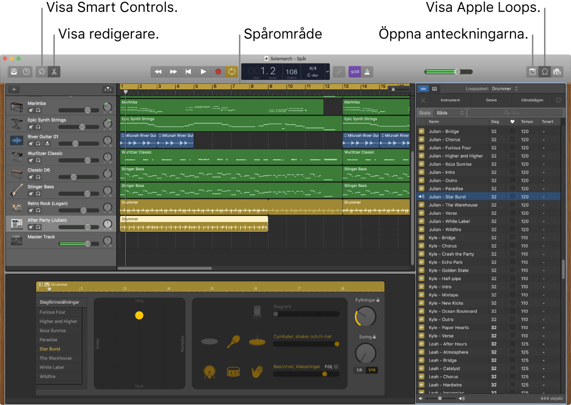 GarageBand-fönster som visar knapparna för att komma åt Smart Controls, Redigerare, Anteckningar och Apple Loops. Även visningen av spår syns.