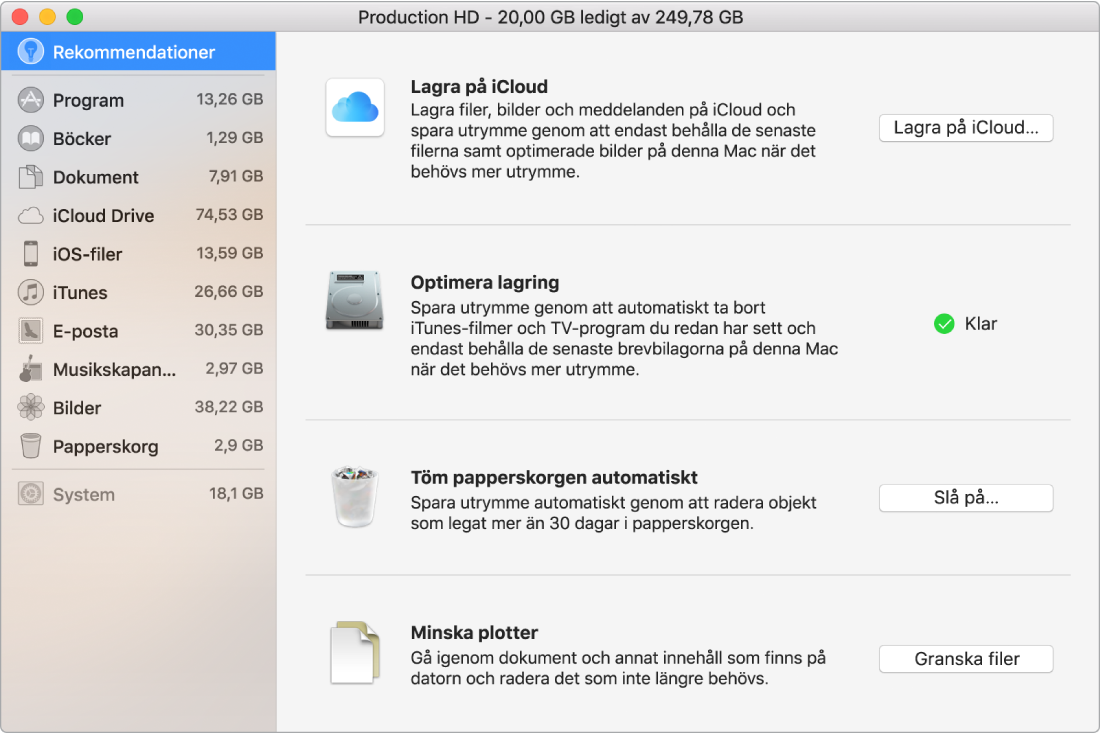 Inställningspanelen Rekommendationer för lagring med alternativen Lagra på iCloud, Optimera lagring, Radera papperskorgen automatiskt och Minska plotter.