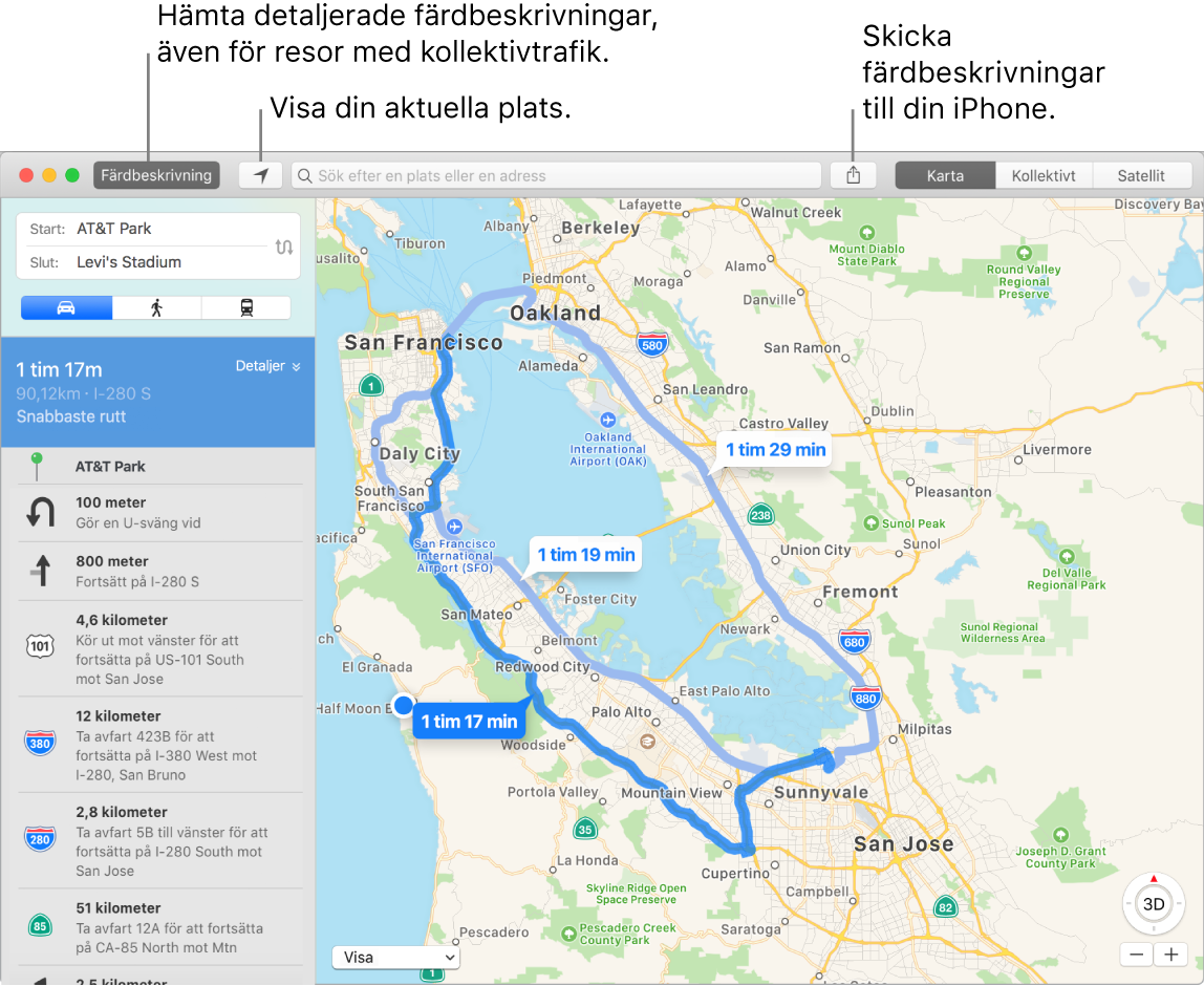 Kartor-fönster som visar hur du får färdbeskrivningar genom att klicka på Färdbeskrivning överst till vänster, och hur du skickar färdbeskrivningar till iPhone genom att klicka på delningsknappen.