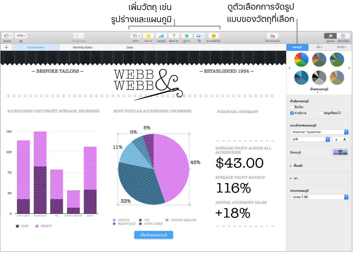 หน้าต่าง Numbers ที่มีคำบรรยายภาพของวัตถุประเภทต่างๆ ที่สามารถเพิ่มได้ และคำบรรยายภาพของตัวเลือกการจัดรูปแบบวัตถุ