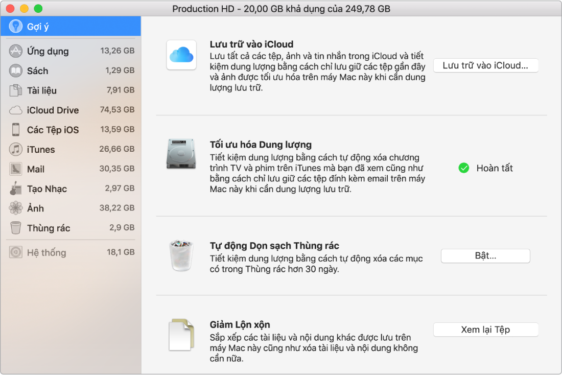 Các tùy chọn Gợi ý cho ổ lưu trữ, đang hiển thị các tùy chọn Lưu trữ vào iCloud, Tối ưu hóa dung lượng, Tự động xóa thùng rác và Giảm lộn xộn.