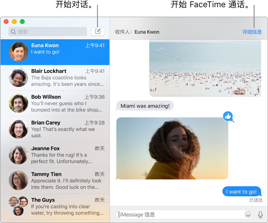 “信息”窗口，显示如何开始对话和如何开始进行 FaceTime 通话。