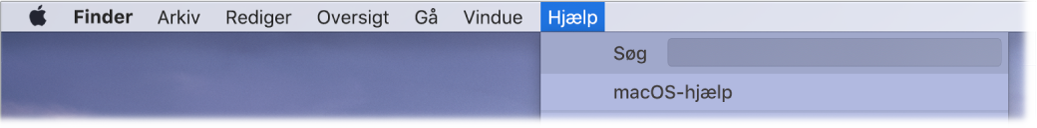 En del af skrivebordet med Hjælpemenuen, der viser menukommandoer til Søg og Hjælp til macOS.