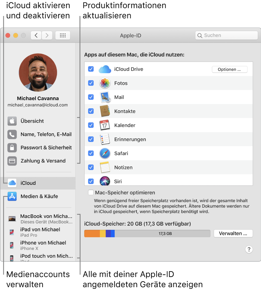 Der Bereich „Apple-ID“ der Systemeinstellungen. Klicke auf ein Objekt in der Seitenleiste, um deine Accountinformationen zu aktualisieren, iCloud zu aktivieren oder zu deaktivieren, Medienaccounts zu verwalten und alle mit deiner Apple-ID angemeldeten Geräte anzuzeigen.