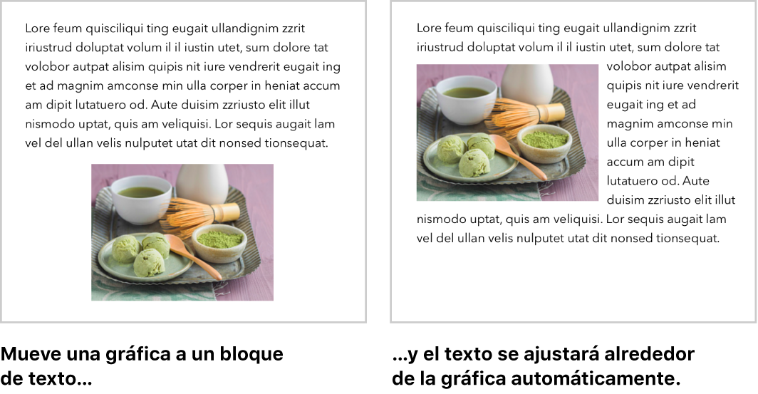 Una ventana de Pages mostrando cómo el texto se ajusta alrededor de las imágenes.