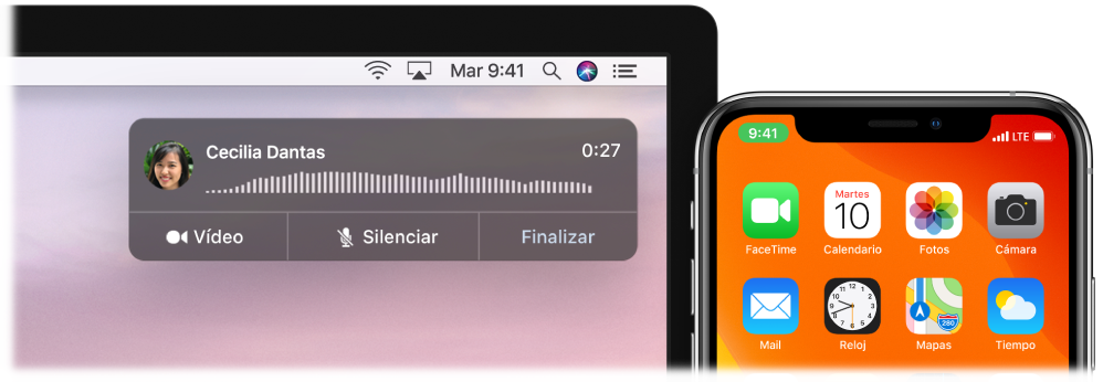 Pantalla del Mac con la ventana de notificación de llamadas en la esquina superior derecha y un iPhone con una llamada en curso a través del Mac.