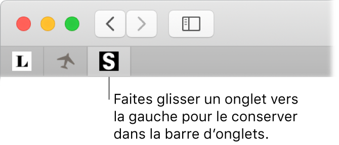 Une fenêtre de Safari montrant comment créer un repère pour un onglet dans la barre d’onglets.