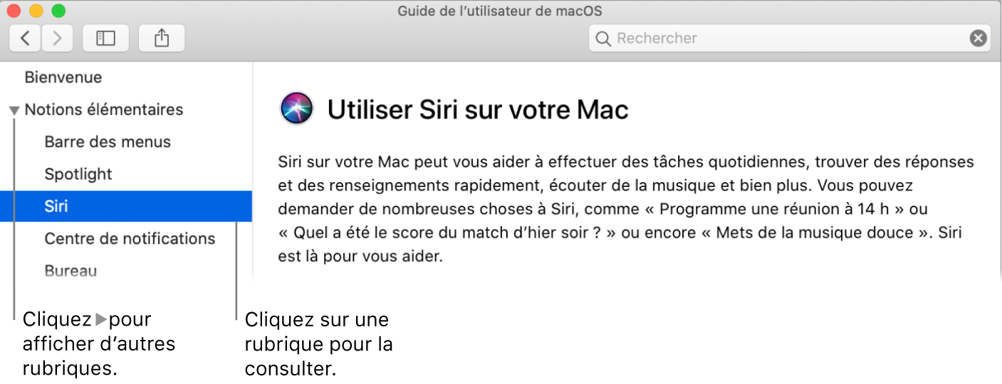Visualisation Aide indiquant comment afficher les rubriques situées dans la barre latérale et comment afficher le contenu d’une rubrique.